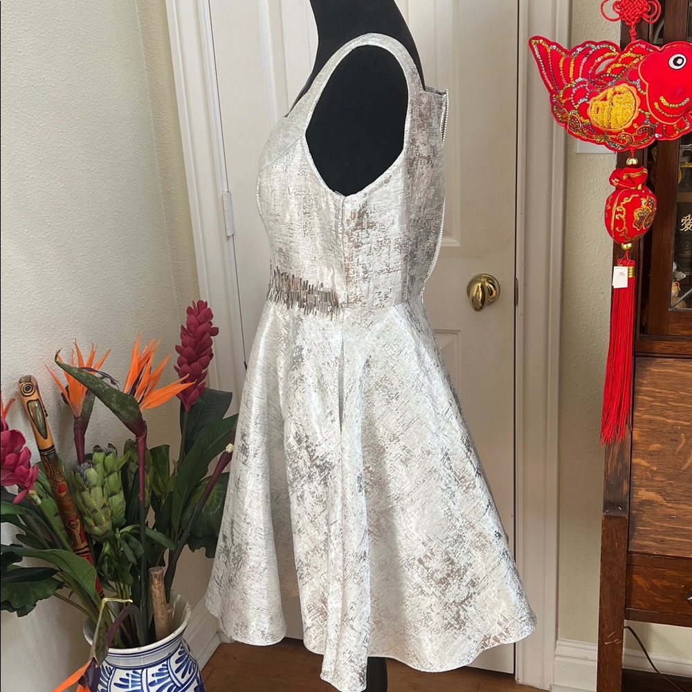 Mac Duggal Square Neck Sleeveless fit flare Dress Size 10 silver rhinestone - Picture 7 of 13